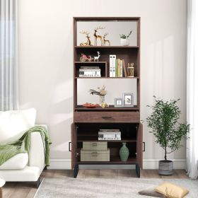 75.9"Modern Open Bookshelf with Doors, Bookcase with Storage drawer and LED Strip Lights,Free Standing Display Rack,Wooden Tall Bookshelf for Living R