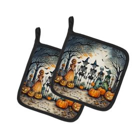Calacas Skeletons Spooky Halloween Pair of Pot Holders Kitchen Heat Resistant Pot Holders Sets Oven Hot Pads for Cooking Baking BBQ, 7 1/2 x 7 1/2