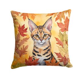 Savannah Cat in Fall Leaves Throw Pillow Machine Washable, Indoor Outdoor Decorative Pillow for Couch, Bed or Patio, 18Hx18W