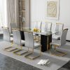 Large modern simple rectangular glass table, which can accommodate 6-8 people, equipped with 0.39-inch tempered glass table top and large MDF table le