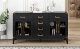 TREXM 6-drawer and 2-Cabinet Retro Sideboard with Extra Large Storage Space, with Gold Handles and Solid Wood Legs, for Kitchen and Living Room (Black